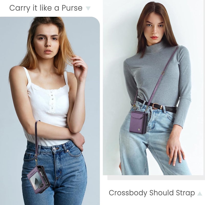 ASAPDOS Crossbody Case Compatible with Samsung Galaxy Z Flip 6/Z Flip 7 FE,Retro PU Leather Strap Wristlet Flip Case with Magnetic Closure and Card Holder for Men Women Purple - Image 3
